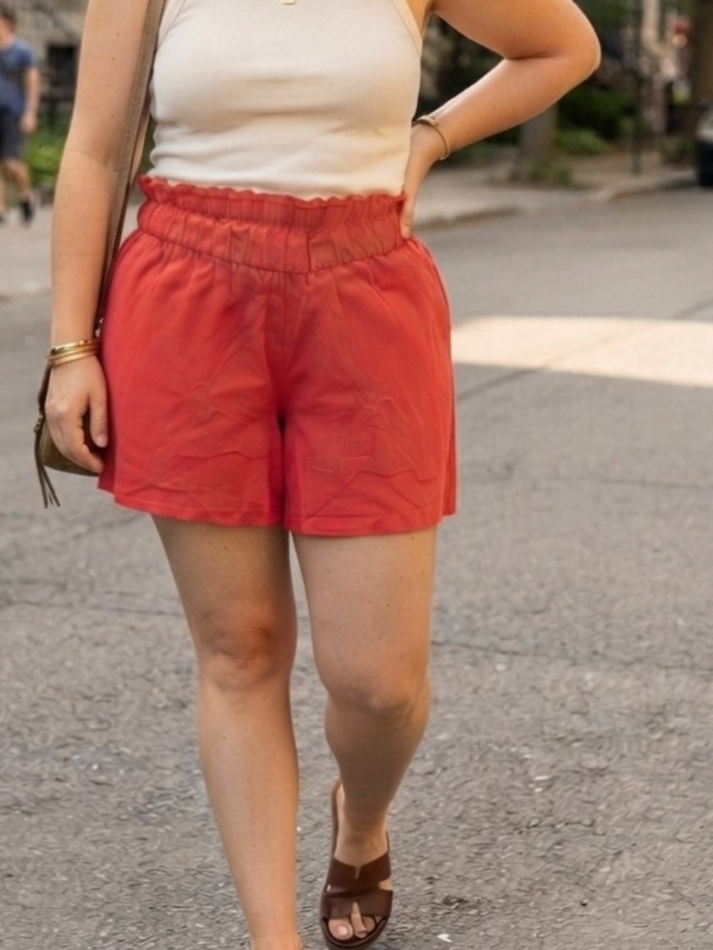 High-Waist Paperbag Shorts in Coral for Women